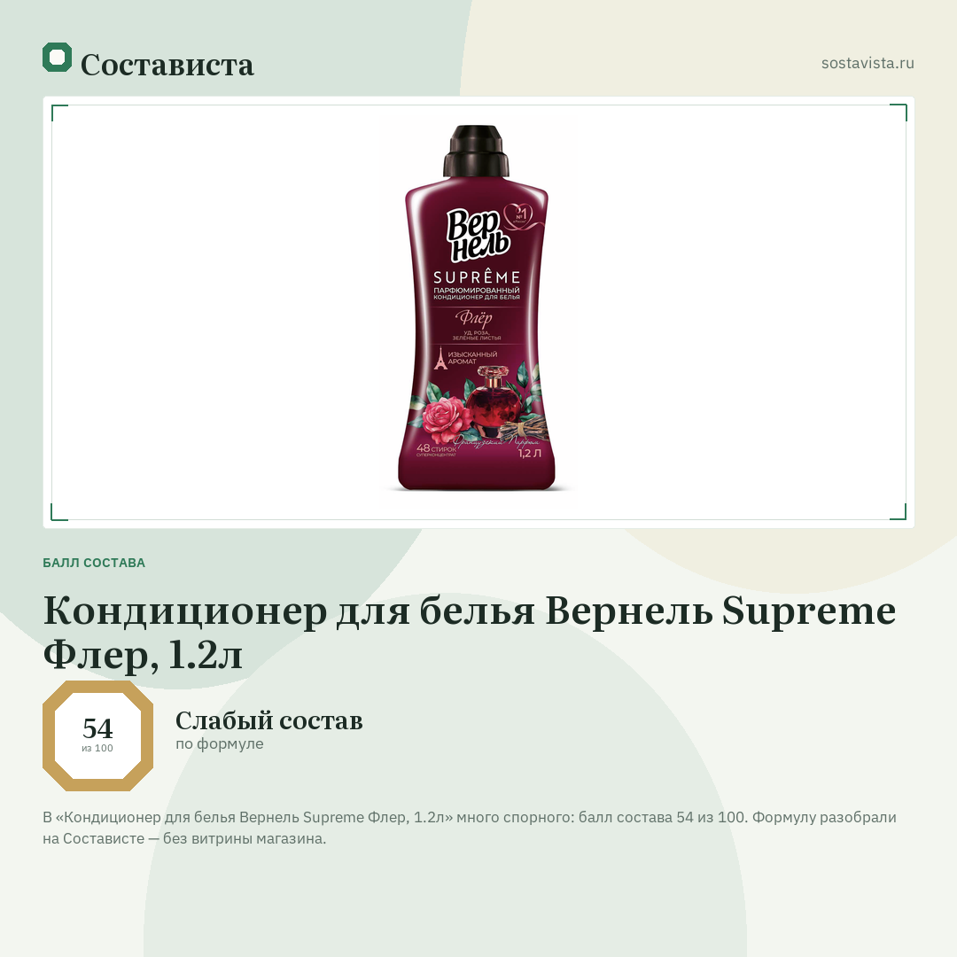 Кондиционер для белья Вернель Supreme Флер, 1.2л: балл состава 54 из 100 — Состависта