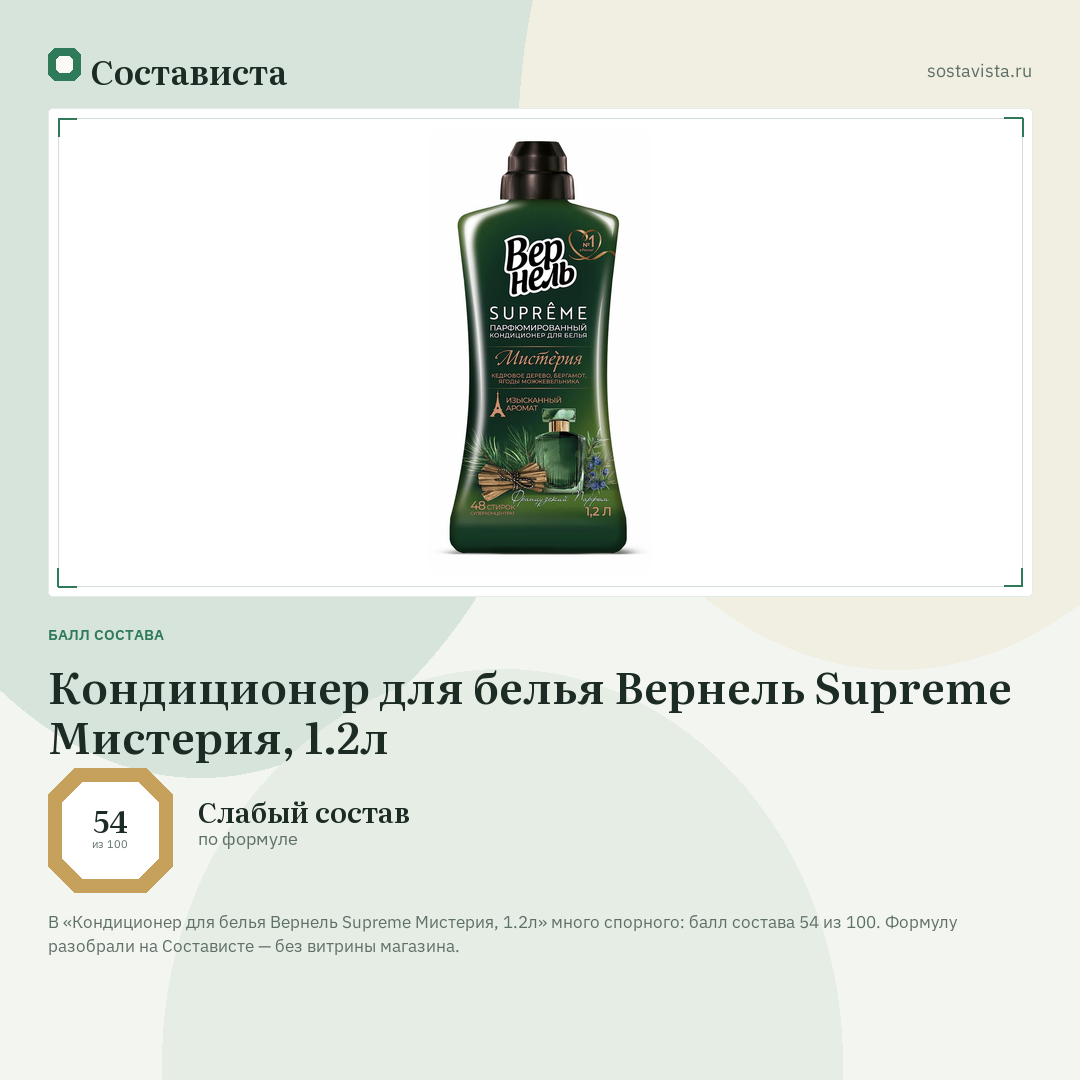 Кондиционер для белья Вернель Supreme Мистерия, 1.2л: балл состава 54 из 100 — Состависта
