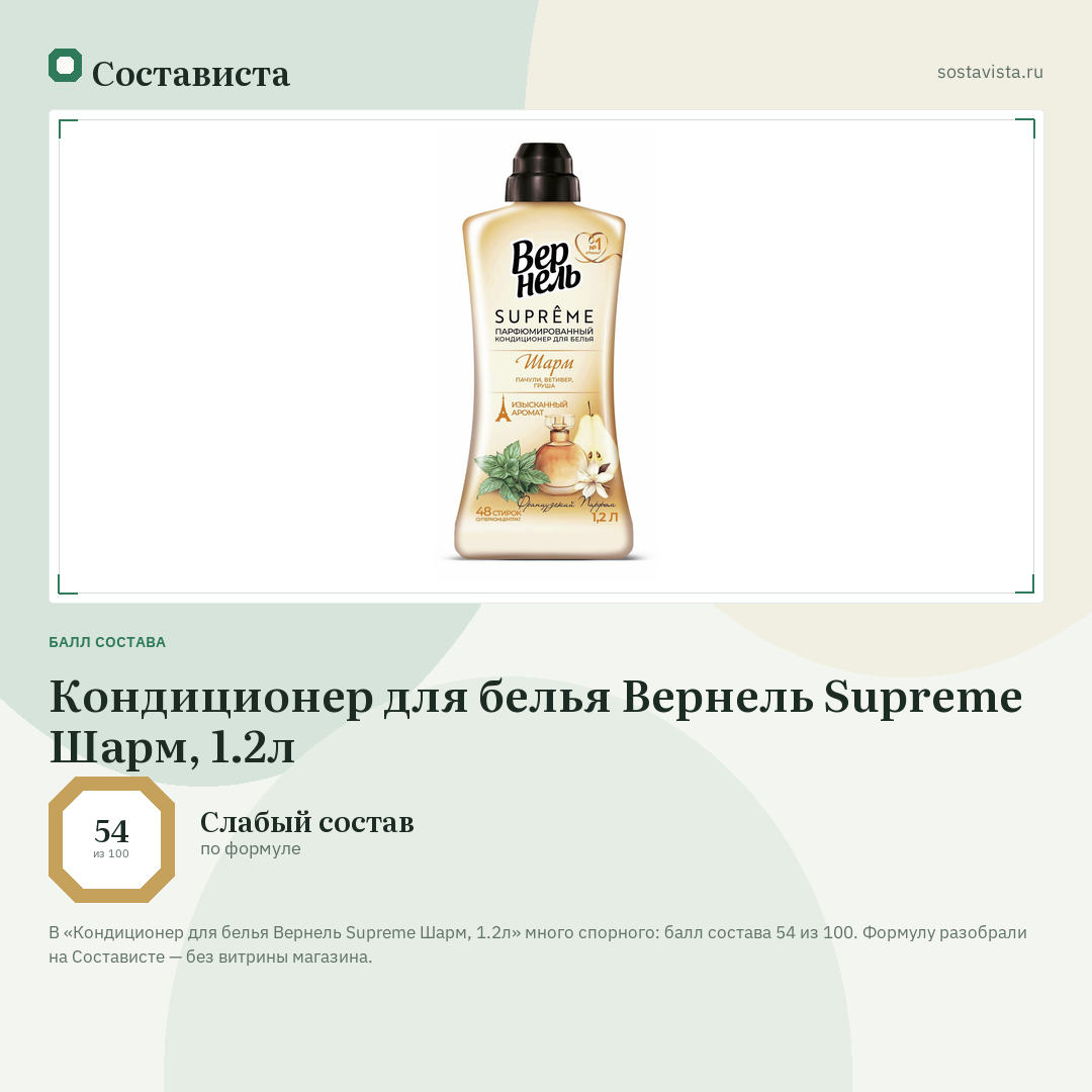 Кондиционер для белья Вернель Supreme Шарм, 1.2л: балл состава 54 из 100 — Состависта