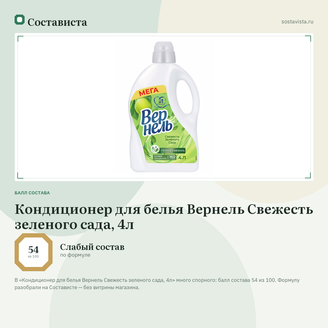Кондиционер для белья Вернель Свежесть зеленого сада, 4л: балл состава 54 из 100 — Состависта