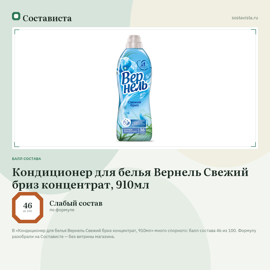 Кондиционер для белья Вернель Свежий бриз концентрат, 910мл: балл состава 46 из 100 — Состависта