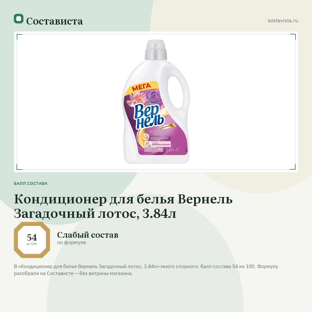 Кондиционер для белья Вернель Загадочный лотос, 3.84л: балл состава 54 из 100 — Состависта