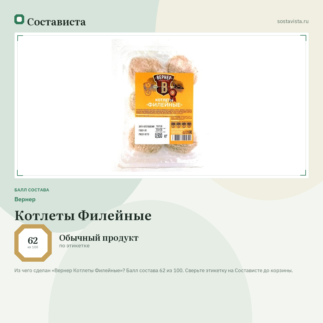 Вернер Котлеты Филейные: балл состава 62 из 100 — Состависта