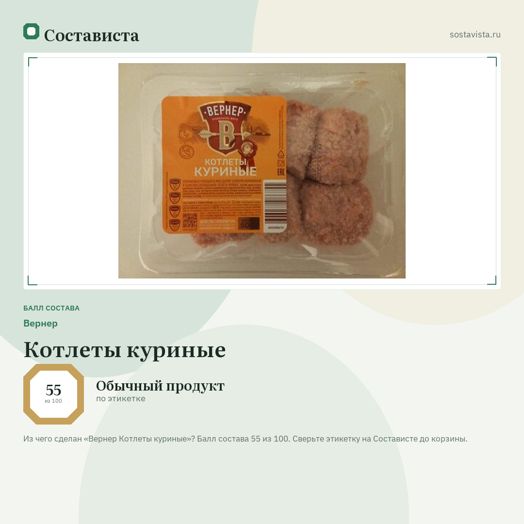 Вернер Котлеты куриные: балл состава 55 из 100 — Состависта