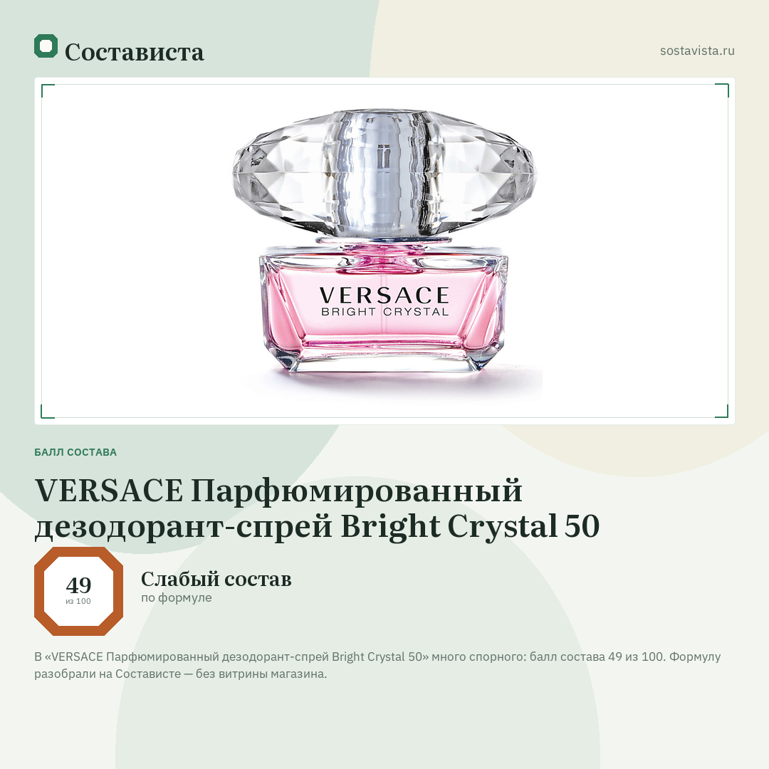 VERSACE Парфюмированный дезодорант-спрей Bright Crystal 50: балл состава 49 из 100 — Состависта
