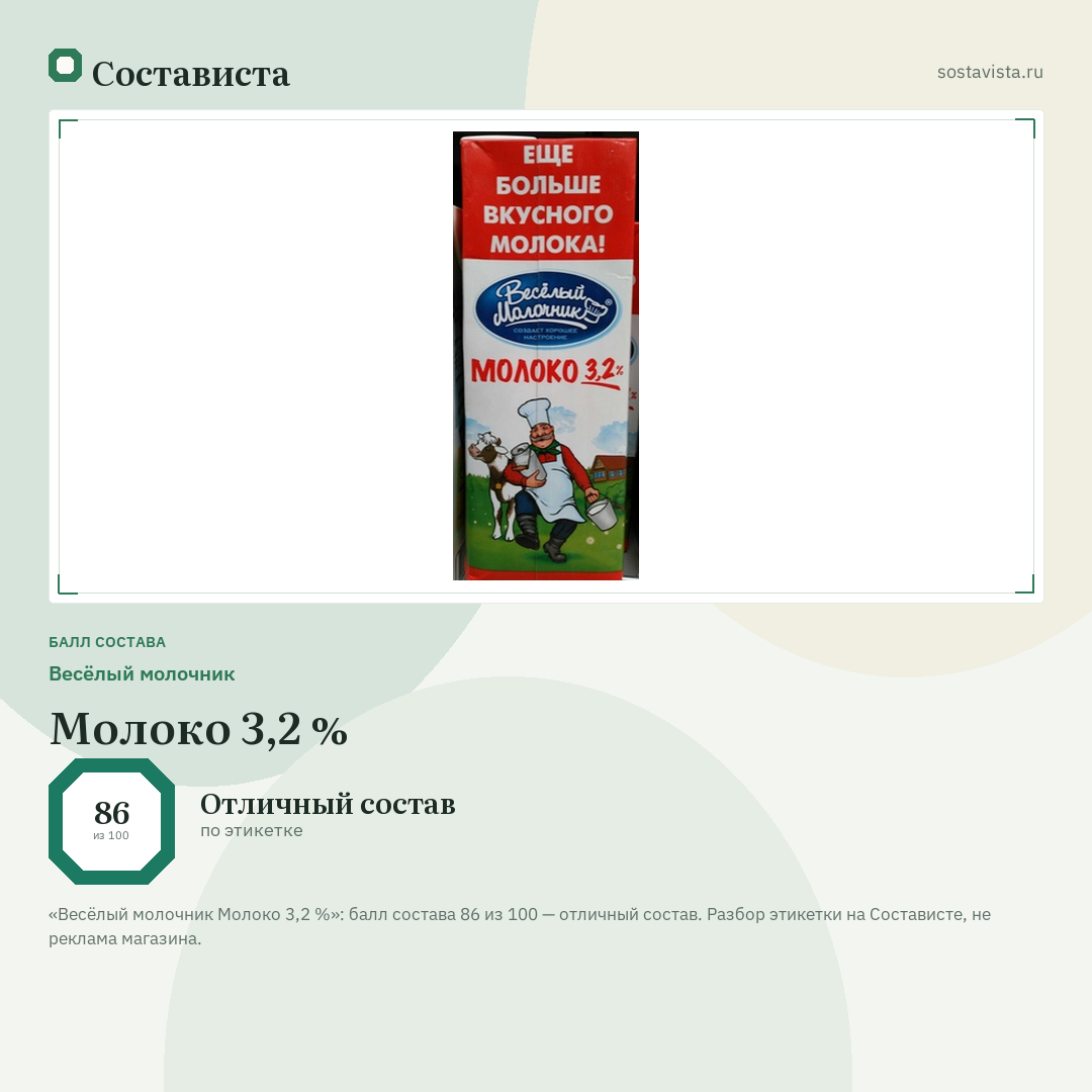 Весёлый молочник Молоко 3,2 %: балл состава 86 из 100 — Состависта