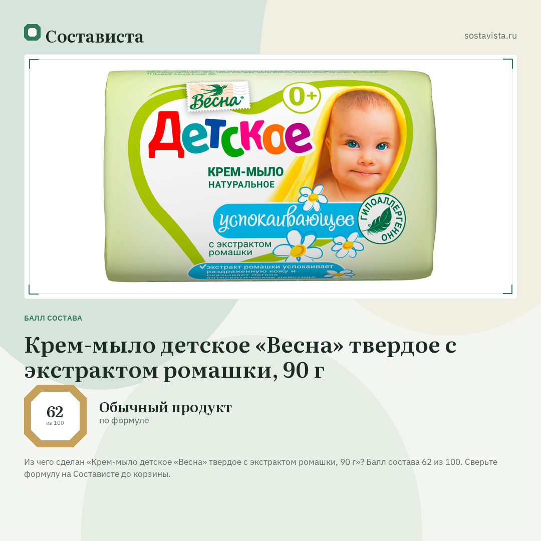 Крем-мыло детское «Весна» твердое с экстрактом ромашки, 90 г: балл состава 62 из 100 — Состависта