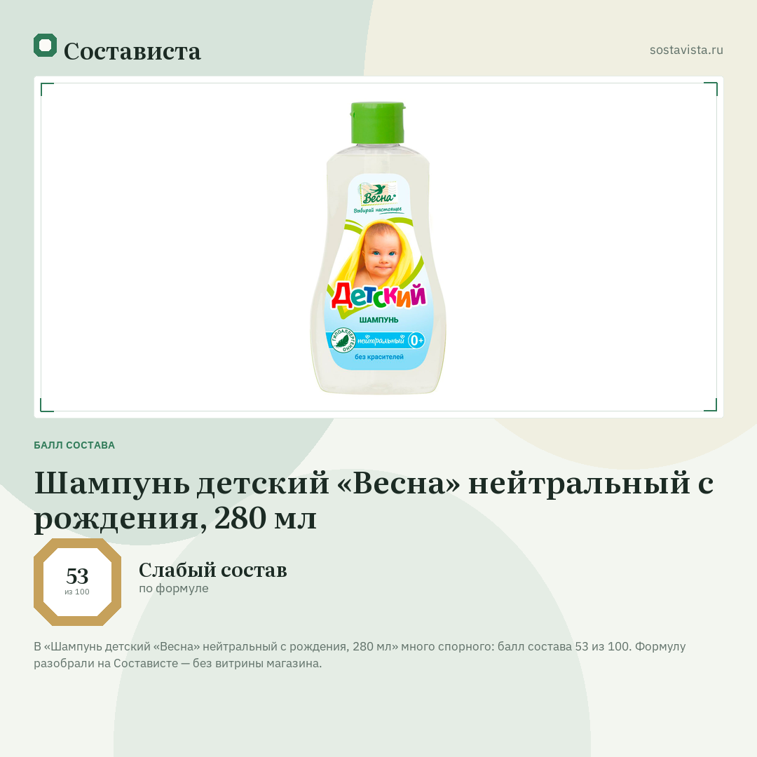 Шампунь детский «Весна» нейтральный с рождения, 280 мл: балл состава 53 из 100 — Состависта