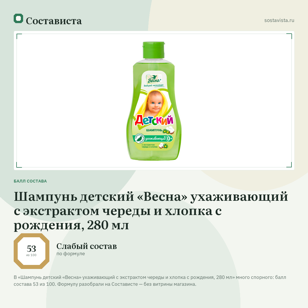 Шампунь детский «Весна» ухаживающий с экстрактом череды и хлопка с рождения, 280 мл: балл состава 53 из 100 — Состависта