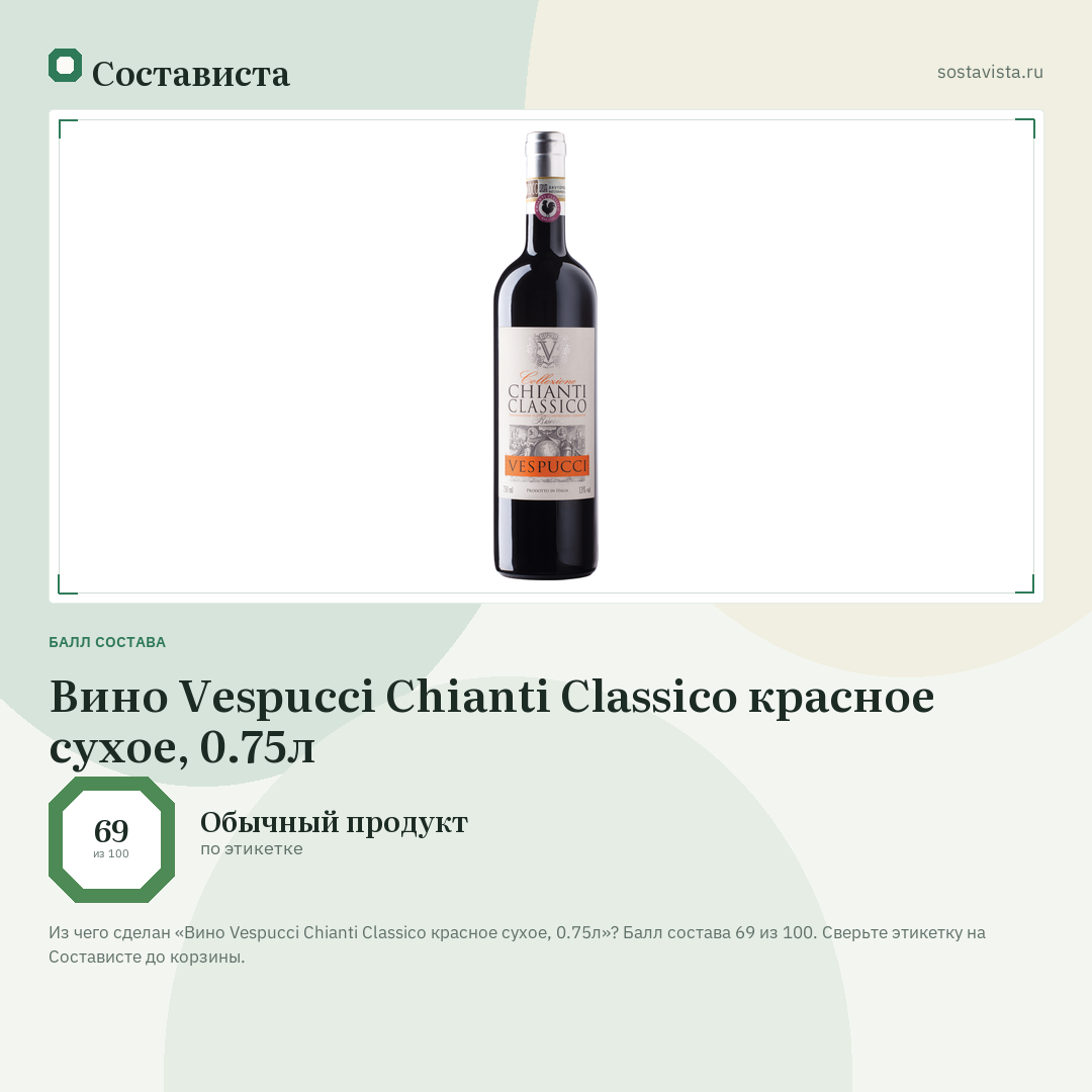 Вино Vespucci Chianti Classico красное сухое, 0.75л: балл состава 69 из 100 — Состависта