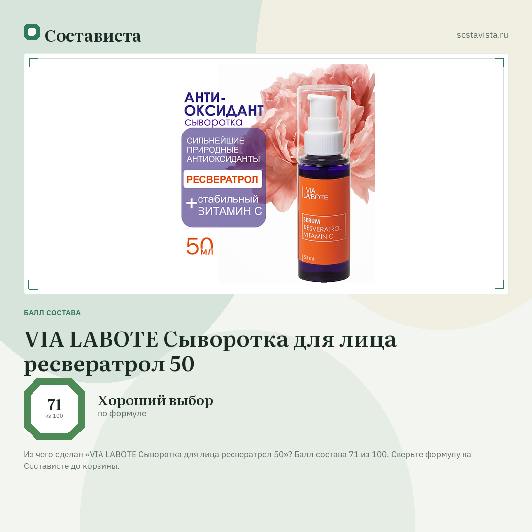 VIA LABOTE Сыворотка для лица ресвератрол 50: балл состава 71 из 100 — Состависта
