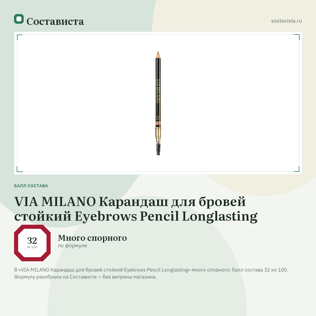 VIA MILANO Карандаш для бровей стойкий Eyebrows Pencil Longlasting: балл состава 32 из 100 — Состависта