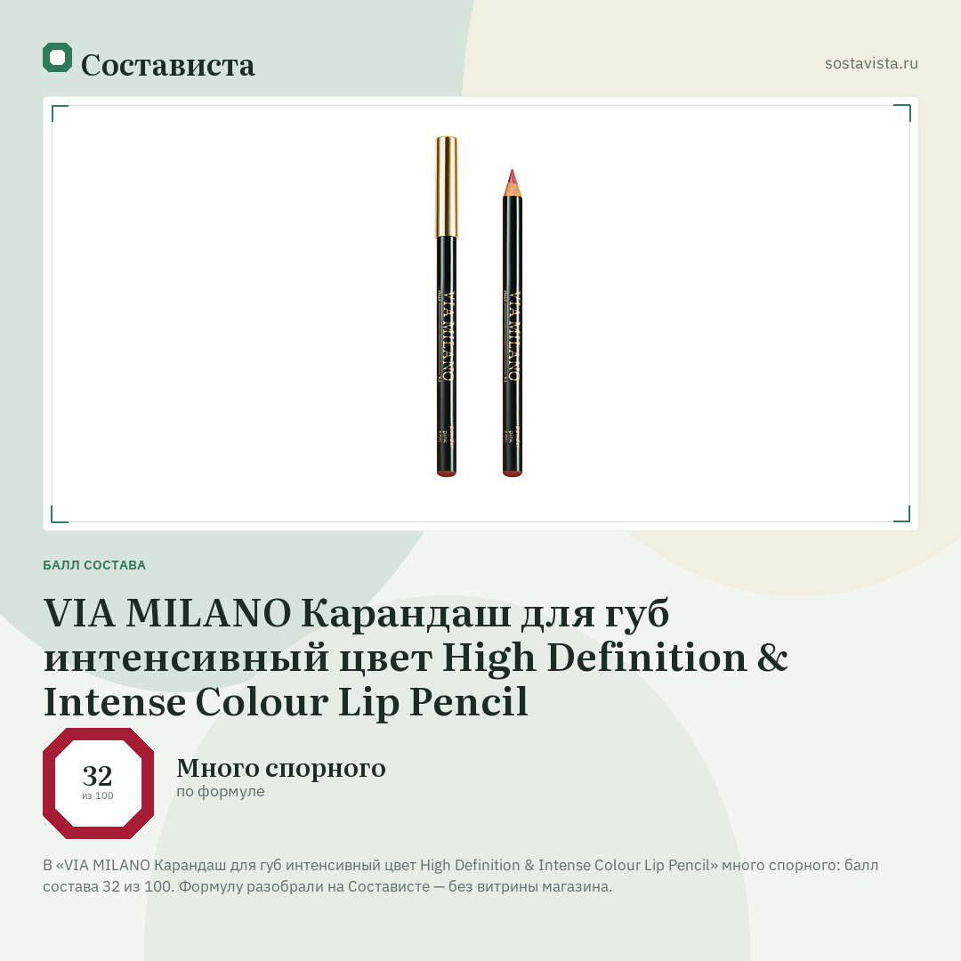 VIA MILANO Карандаш для губ интенсивный цвет High Definition & Intense Colour Lip Pencil: балл состава 32 из 100 — Состависта