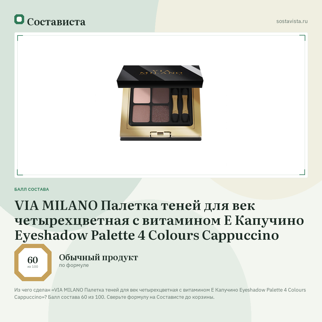 VIA MILANO Палетка теней для век четырехцветная с витамином Е Капучино Eyeshadow Palette 4 Colours Cappuccino: балл состава 60 из 100 — Состависта
