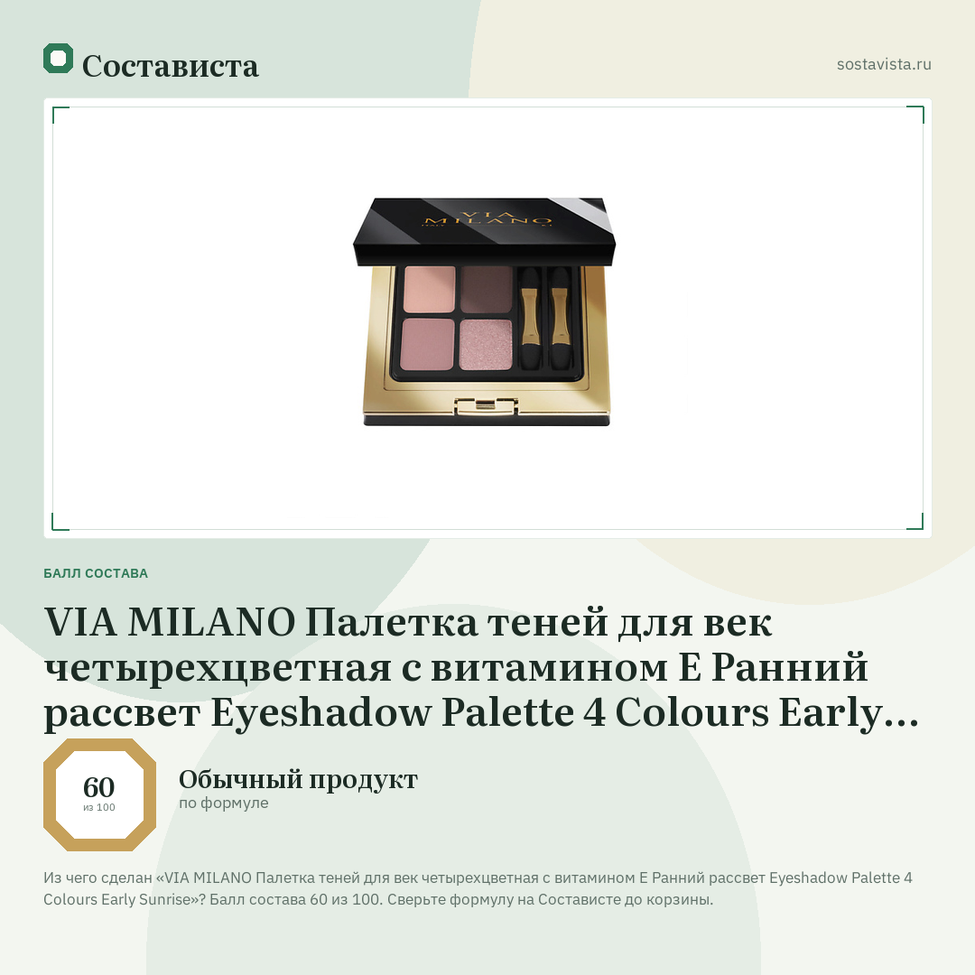 VIA MILANO Палетка теней для век четырехцветная с витамином Е Ранний рассвет Eyeshadow Palette 4 Colours Early Sunrise: балл состава 60 из 100 — Состависта