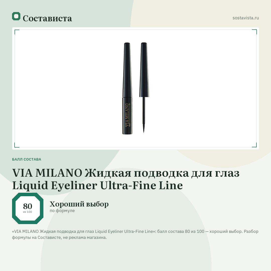 VIA MILANO Жидкая подводка для глаз Liquid Eyeliner Ultra-Fine Line: балл состава 80 из 100 — Состависта