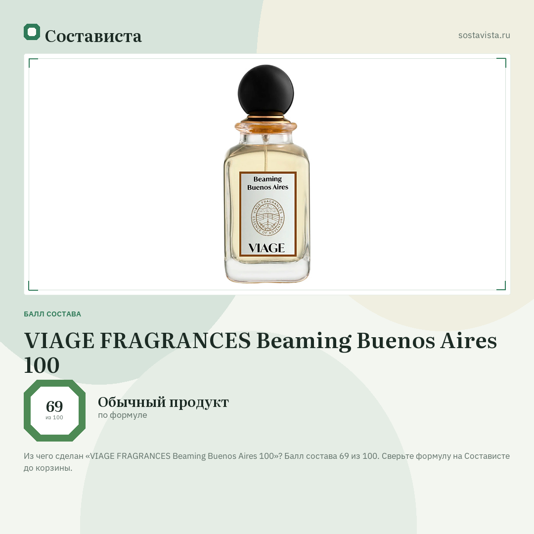 VIAGE FRAGRANCES Beaming Buenos Aires 100: балл состава 69 из 100 — Состависта