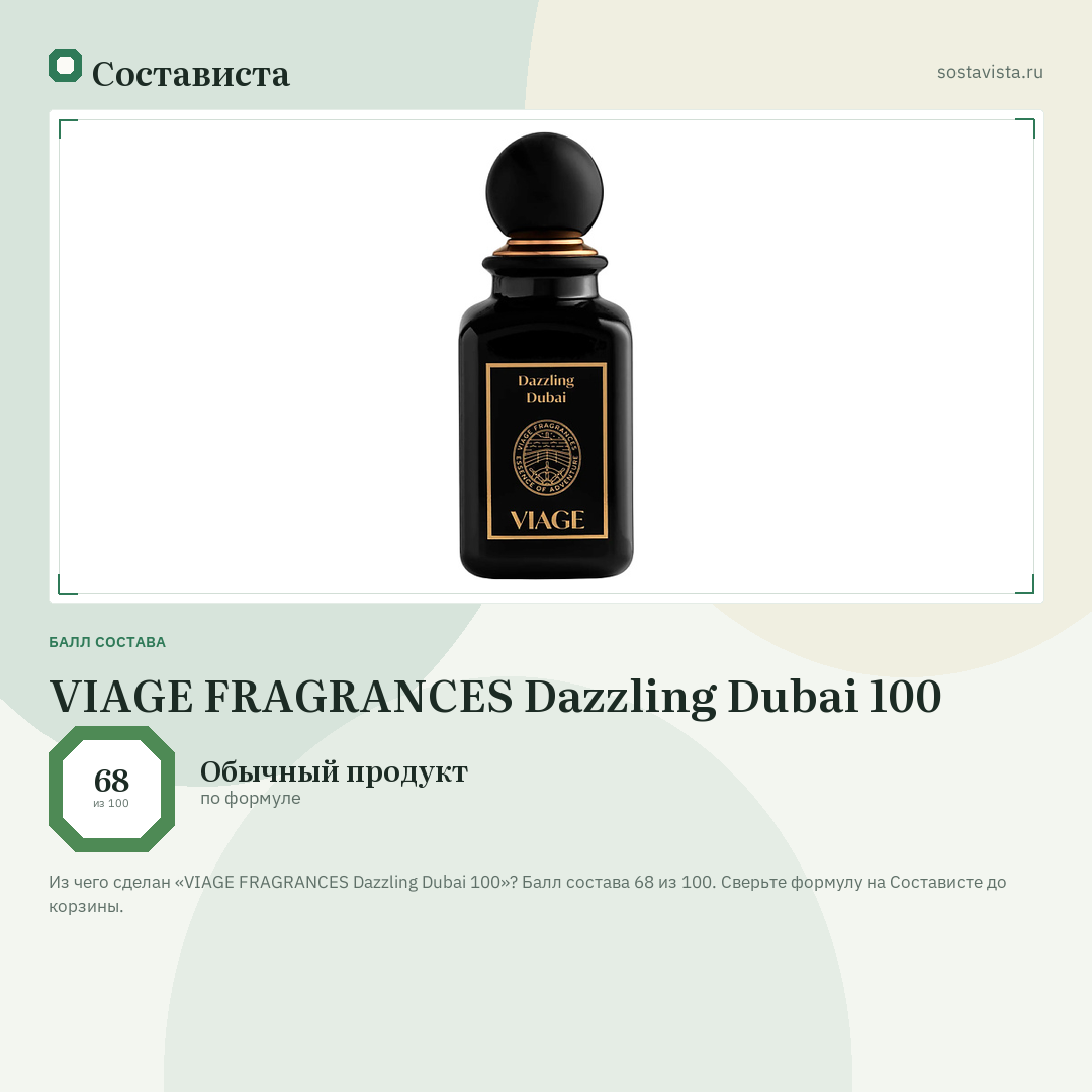 VIAGE FRAGRANCES Dazzling Dubai 100: балл состава 68 из 100 — Состависта