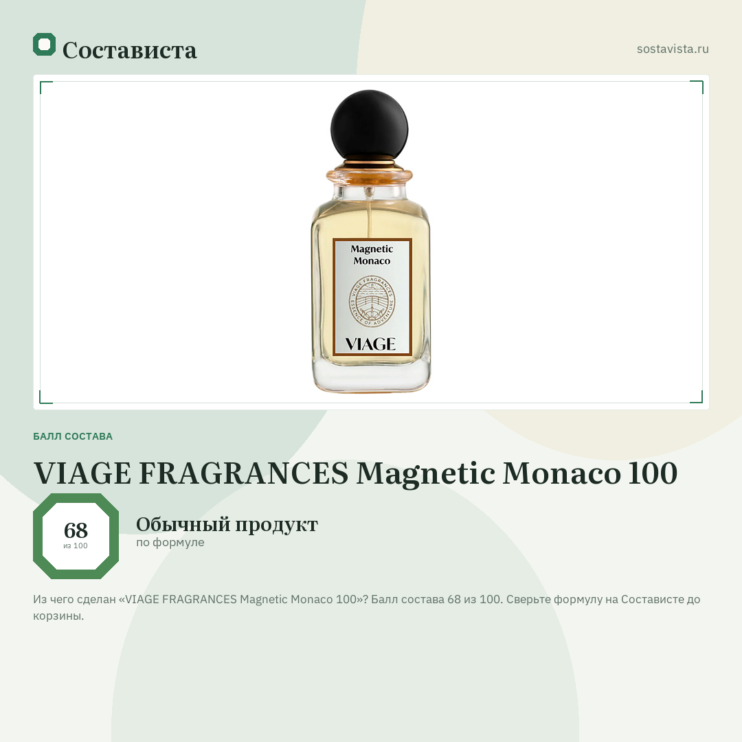 VIAGE FRAGRANCES Magnetic Monaco 100: балл состава 68 из 100 — Состависта