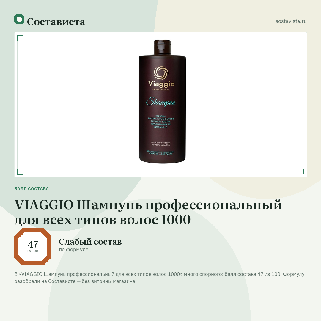 VIAGGIO Шампунь профессиональный для всех типов волос 1000: балл состава 47 из 100 — Состависта