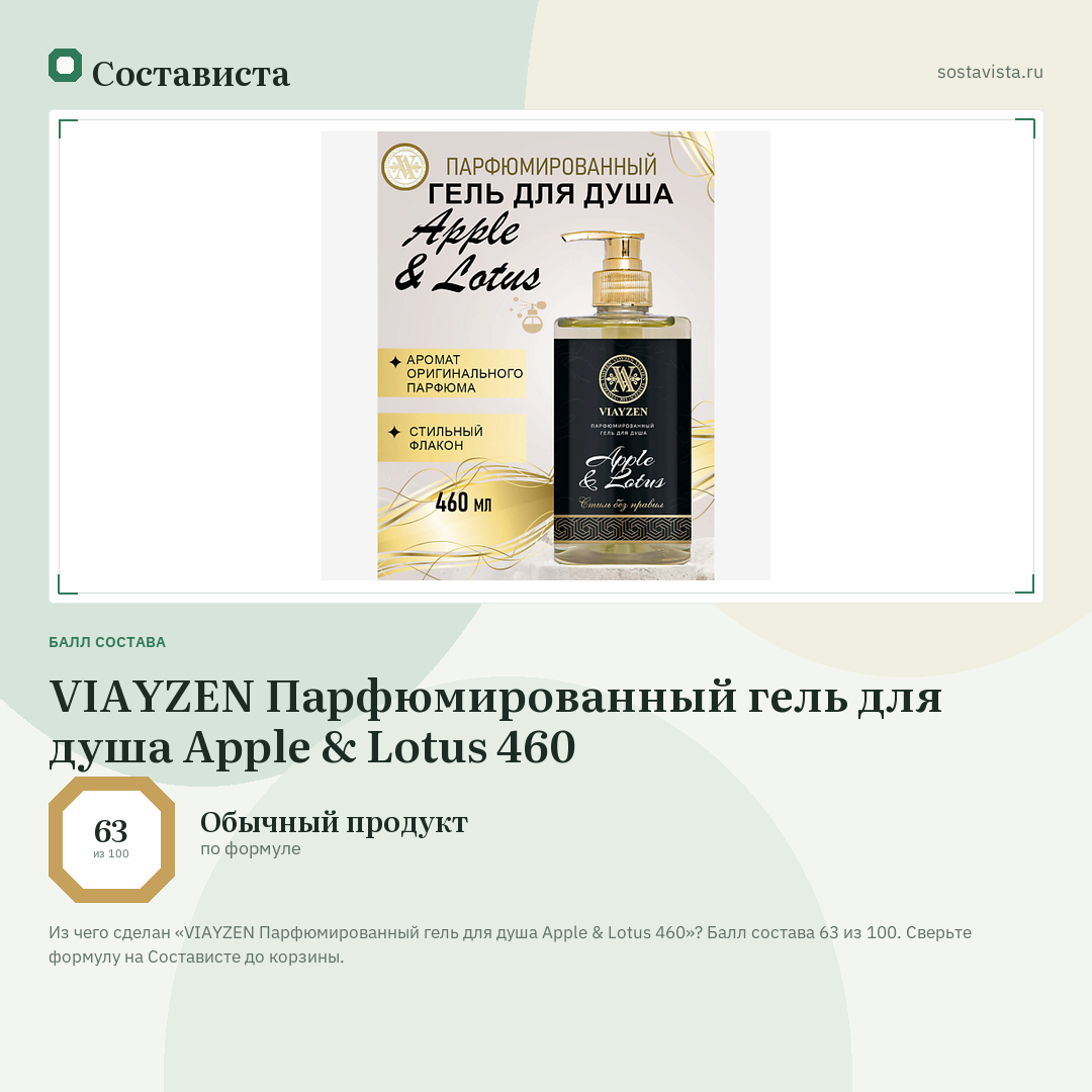 VIAYZEN Парфюмированный гель для душа Apple & Lotus 460: балл состава 63 из 100 — Состависта