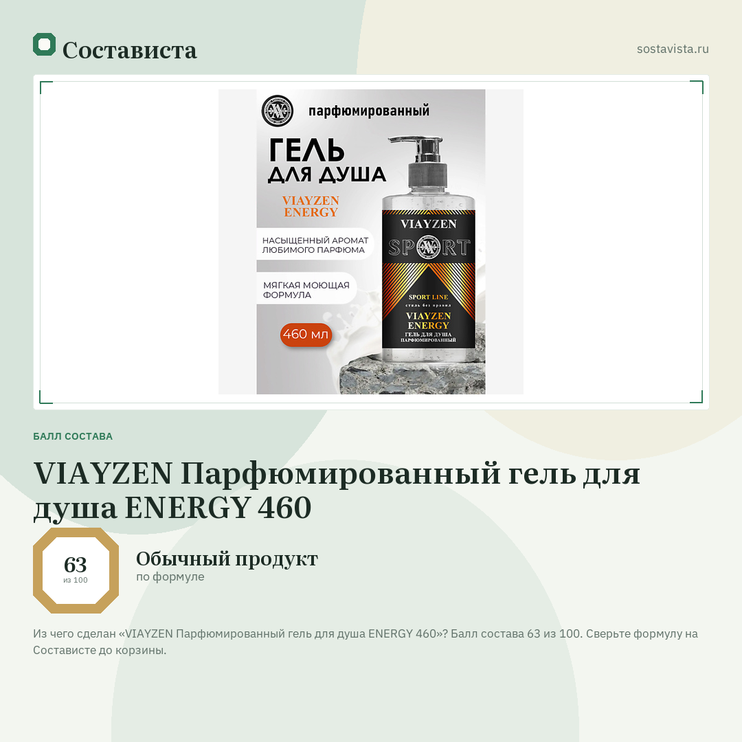 VIAYZEN Парфюмированный гель для душа ENERGY 460: балл состава 63 из 100 — Состависта