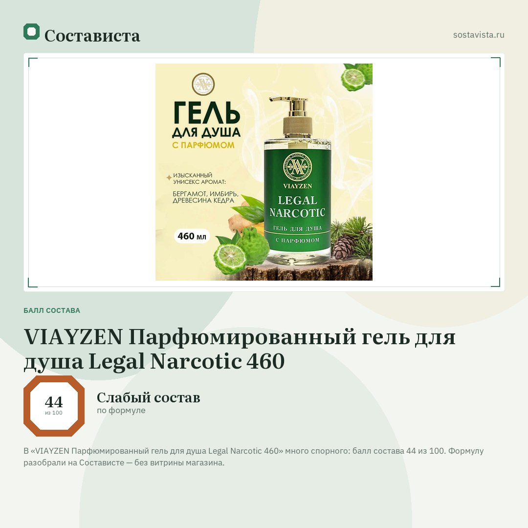 VIAYZEN Парфюмированный гель для душа Legal Narcotic 460: балл состава 44 из 100 — Состависта