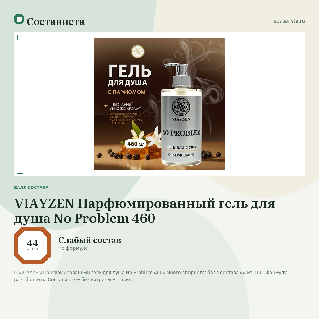 VIAYZEN Парфюмированный гель для душа No Problem 460: балл состава 44 из 100 — Состависта