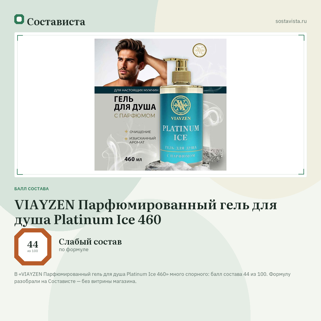 VIAYZEN Парфюмированный гель для душа Platinum Ice 460: балл состава 44 из 100 — Состависта