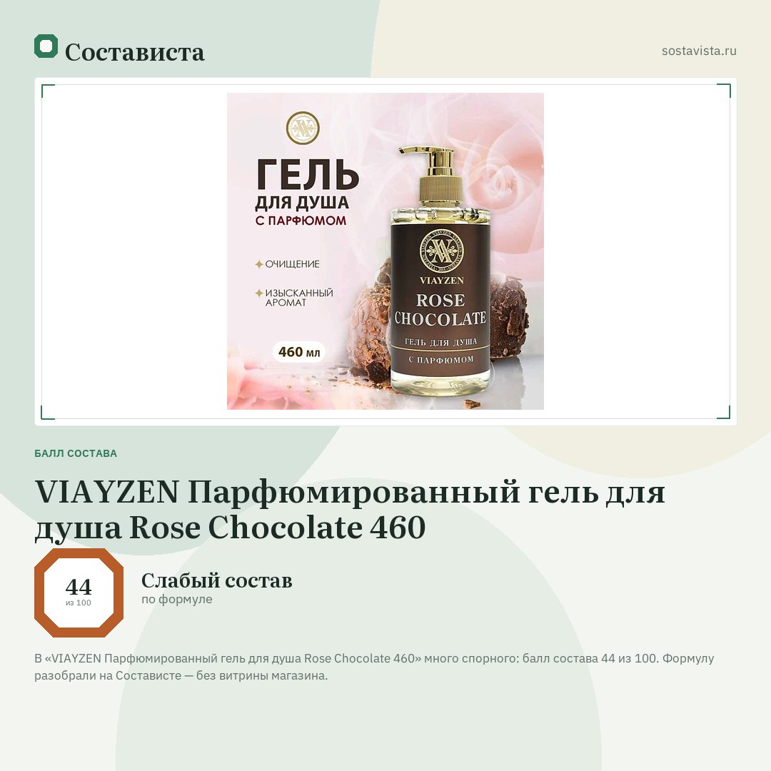 VIAYZEN Парфюмированный гель для душа Rose Chocolate 460: балл состава 44 из 100 — Состависта