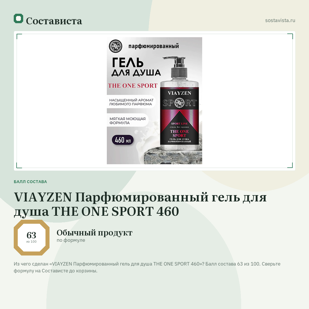 VIAYZEN Парфюмированный гель для душа THE ONE SPORT 460: балл состава 63 из 100 — Состависта