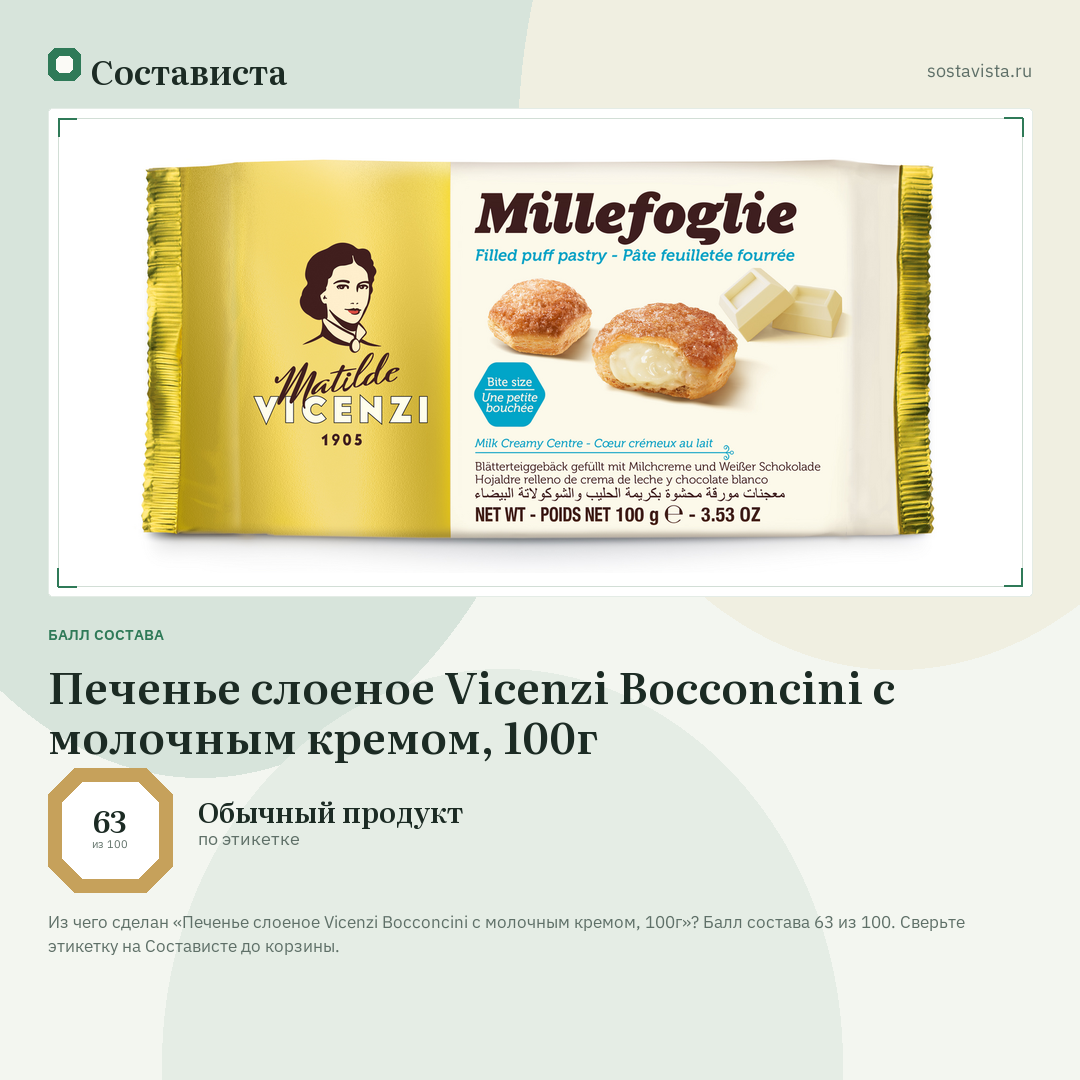 Печенье слоеное Vicenzi Bocconcini с молочным кремом, 100г: балл состава 63 из 100 — Состависта