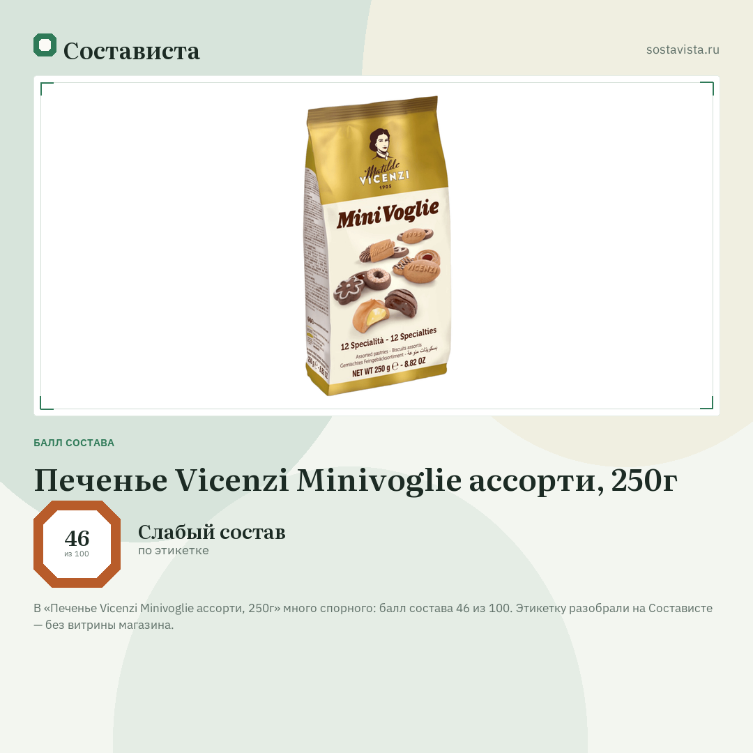 Печенье Vicenzi Minivoglie ассорти, 250г: балл состава 46 из 100 — Состависта