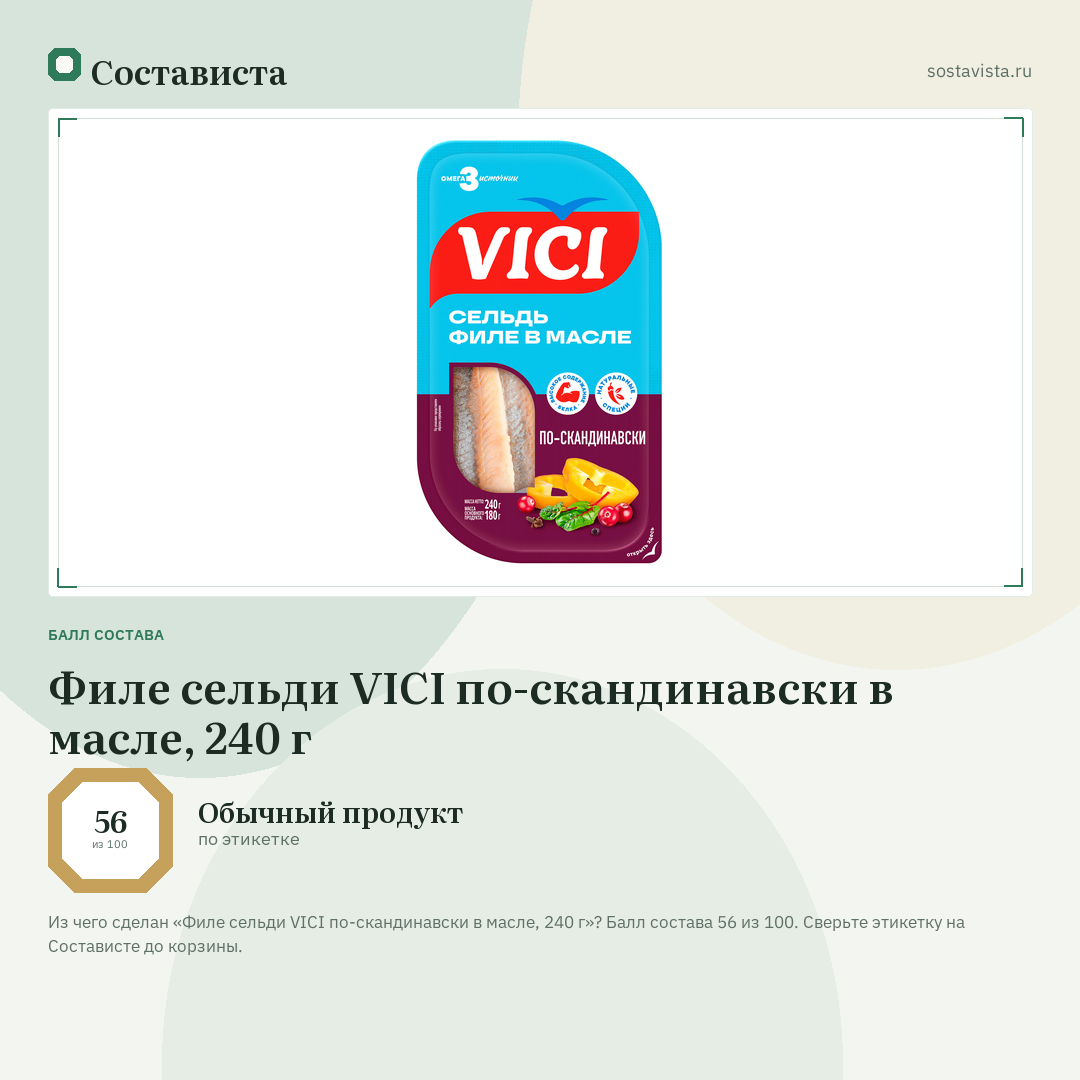 Филе сельди VICI по-скандинавски в масле, 240 г: балл состава 56 из 100 — Состависта