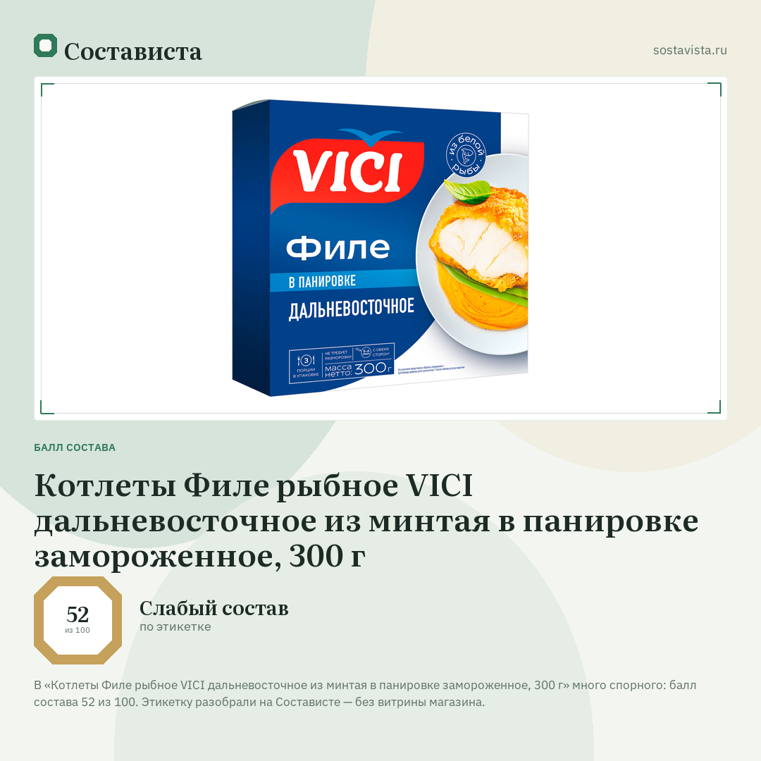 Котлеты Филе рыбное VICI дальневосточное из минтая в панировке замороженное, 300 г: балл состава 52 из 100 — Состависта