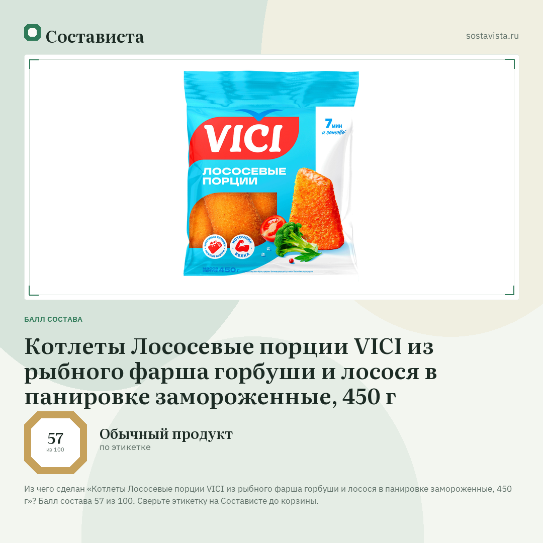 Котлеты Лососевые порции VICI из рыбного фарша горбуши и лосося в панировке замороженные, 450 г: балл состава 57 из 100 — Состависта