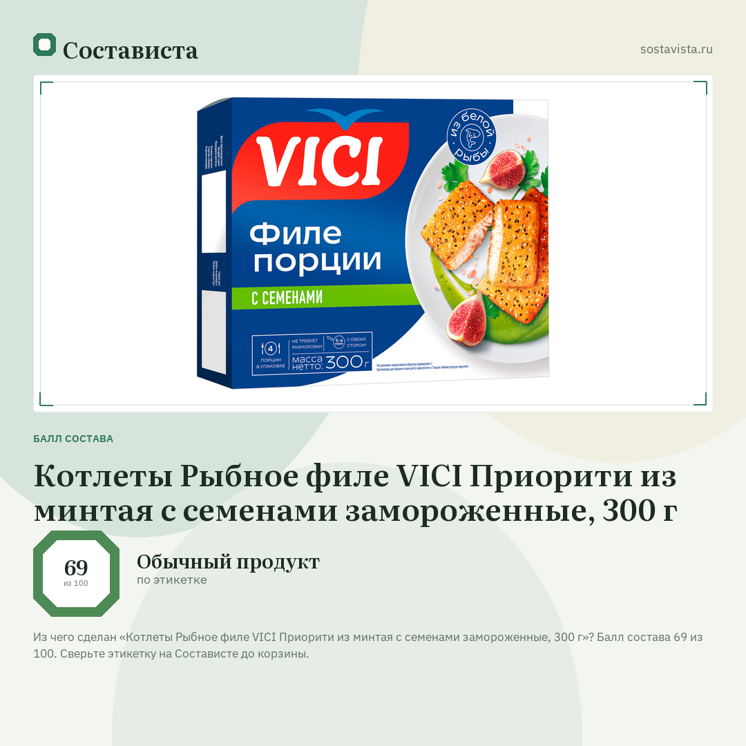 Котлеты Рыбное филе VICI Приорити из минтая с семенами замороженные, 300 г: балл состава 69 из 100 — Состависта