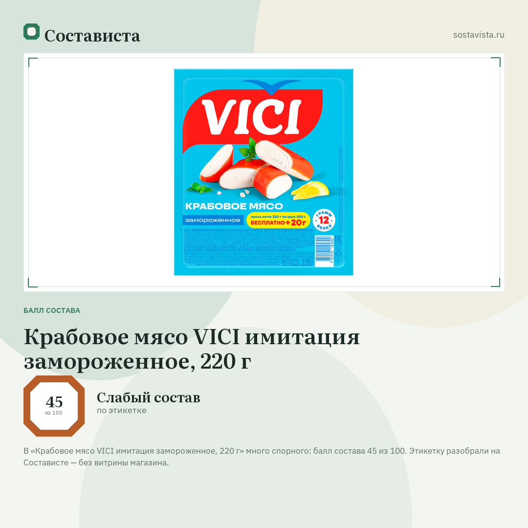 Крабовое мясо VICI имитация замороженное, 220 г: балл состава 45 из 100 — Состависта