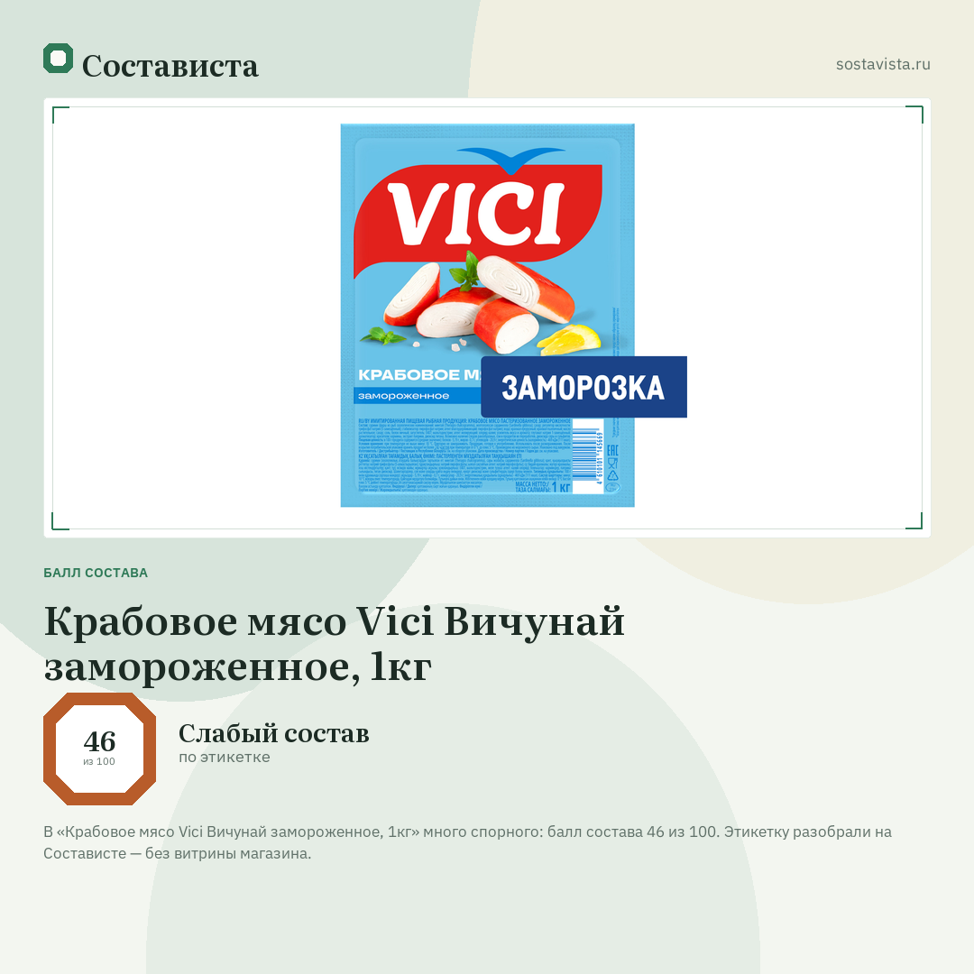 Крабовое мясо Vici Вичунай замороженное, 1кг: балл состава 46 из 100 — Состависта