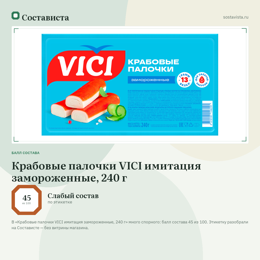 Крабовые палочки VICI имитация замороженные, 240 г: балл состава 45 из 100 — Состависта