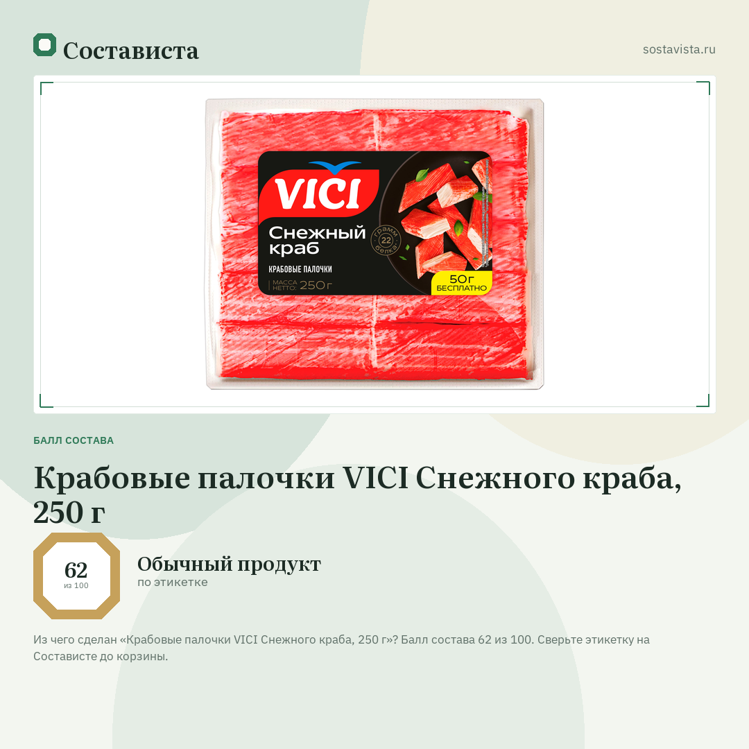 Крабовые палочки VICI Снежного краба, 250 г: балл состава 62 из 100 — Состависта