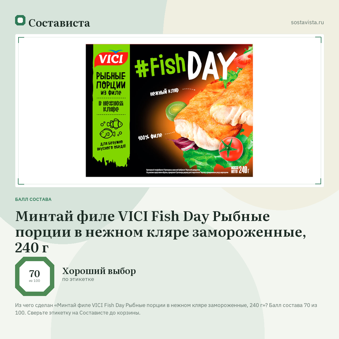 Минтай филе VICI Fish Day Рыбные порции в нежном кляре замороженные, 240 г: балл состава 70 из 100 — Состависта