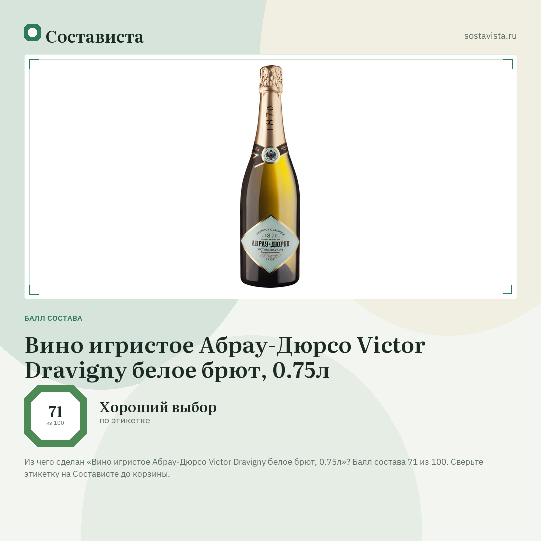 Вино игристое Абрау-Дюрсо Victor Dravigny белое брют, 0.75л: балл состава 71 из 100 — Состависта