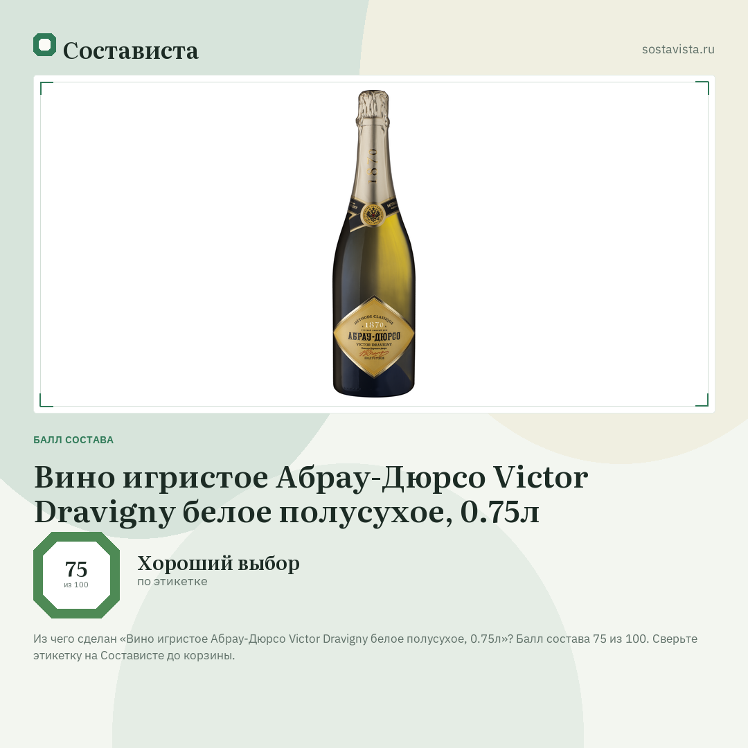 Вино игристое Абрау-Дюрсо Victor Dravigny белое полусухое, 0.75л: балл состава 75 из 100 — Состависта