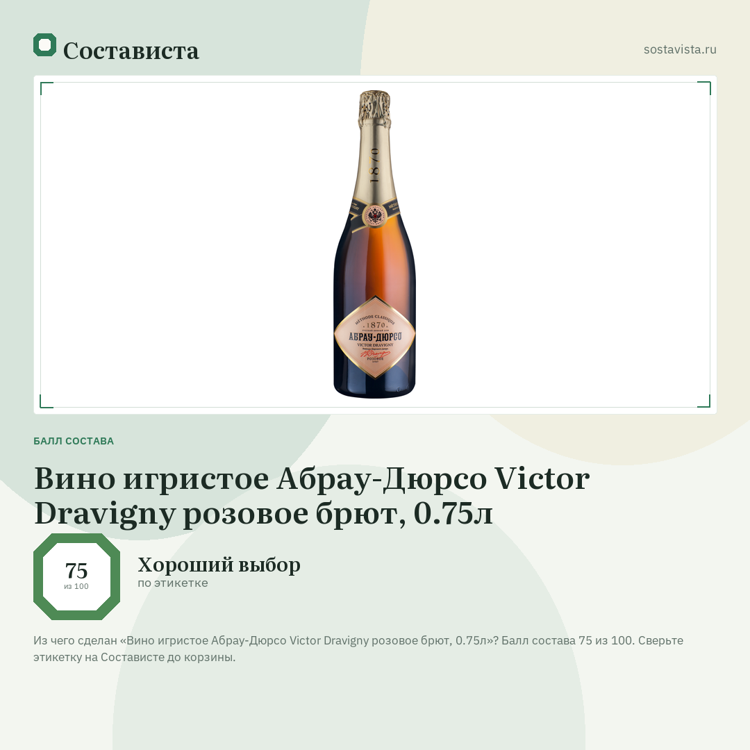 Вино игристое Абрау-Дюрсо Victor Dravigny розовое брют, 0.75л: балл состава 75 из 100 — Состависта