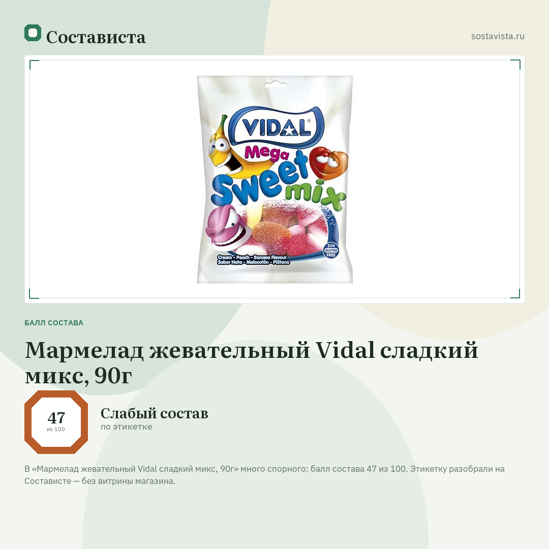 Мармелад жевательный Vidal сладкий микс, 90г: балл состава 47 из 100 — Состависта