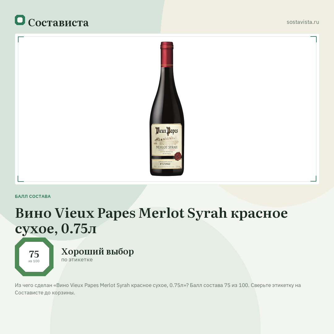 Вино Vieux Papes Merlot Syrah красное сухое, 0.75л: балл состава 75 из 100 — Состависта