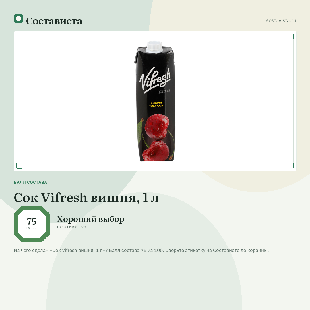 Сок Vifresh вишня, 1 л: балл состава 75 из 100 — Состависта