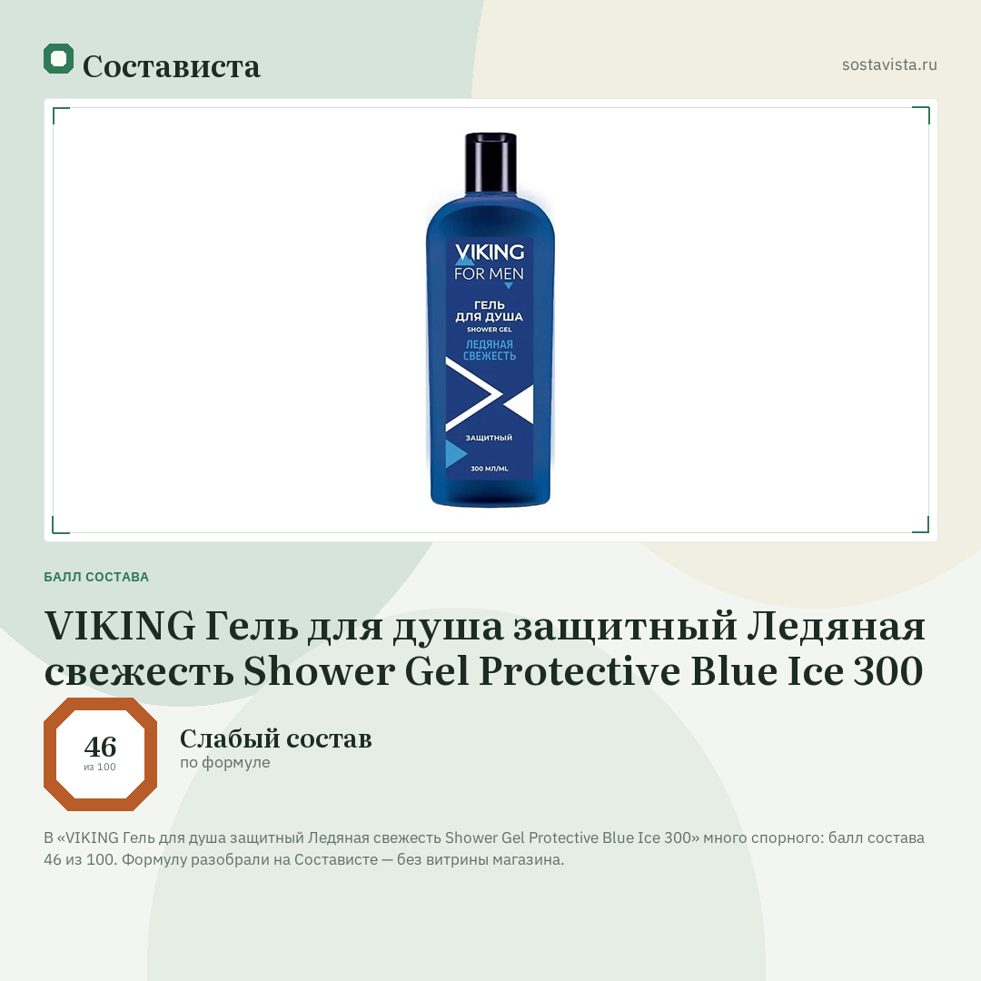 VIKING Гель для душа защитный Ледяная свежесть Shower Gel Protective Blue Ice 300: балл состава 46 из 100 — Состависта