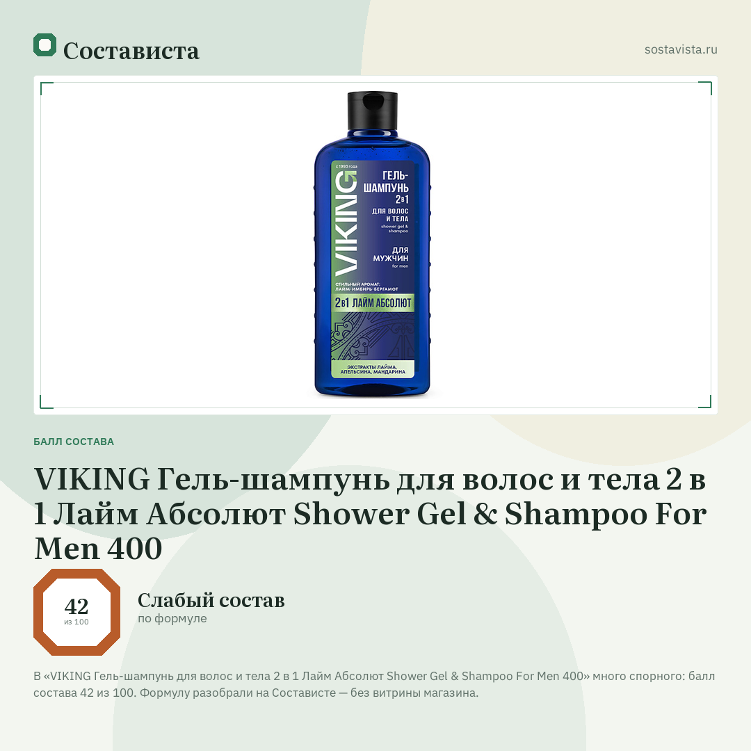 VIKING Гель-шампунь для волос и тела 2 в 1 Лайм Абсолют Shower Gel & Shampoo For Men 400: балл состава 42 из 100 — Состависта